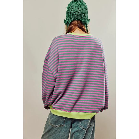 NWOT We the Free Free People Classic Striped Oversized Crewneck Pink Combo Small - Picture 2 of 13